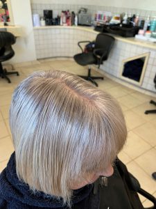 3. Grey Blending. after the ends of the hair had a colour removel also called colour correction 225x300 - Grey Blending Hairdresser in Tweed Heads | Transitioning to Natural Grey Hair